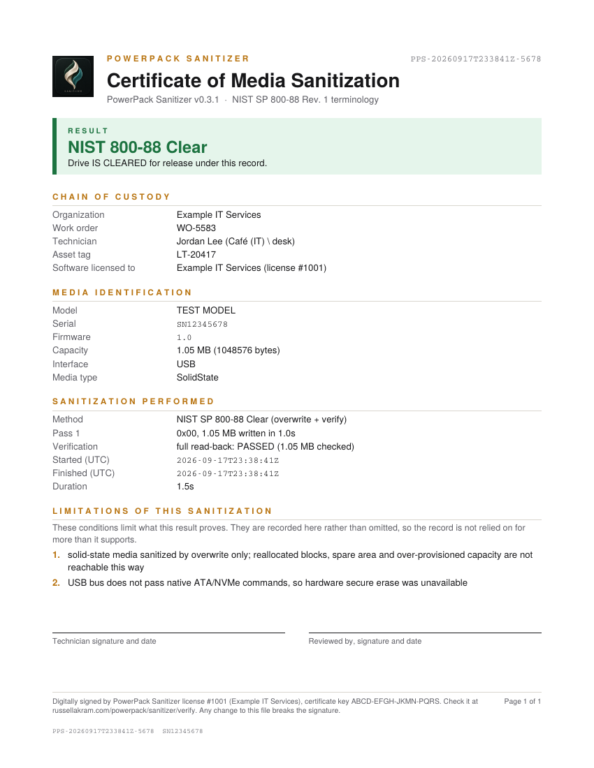 A real signed certificate, limitations included.