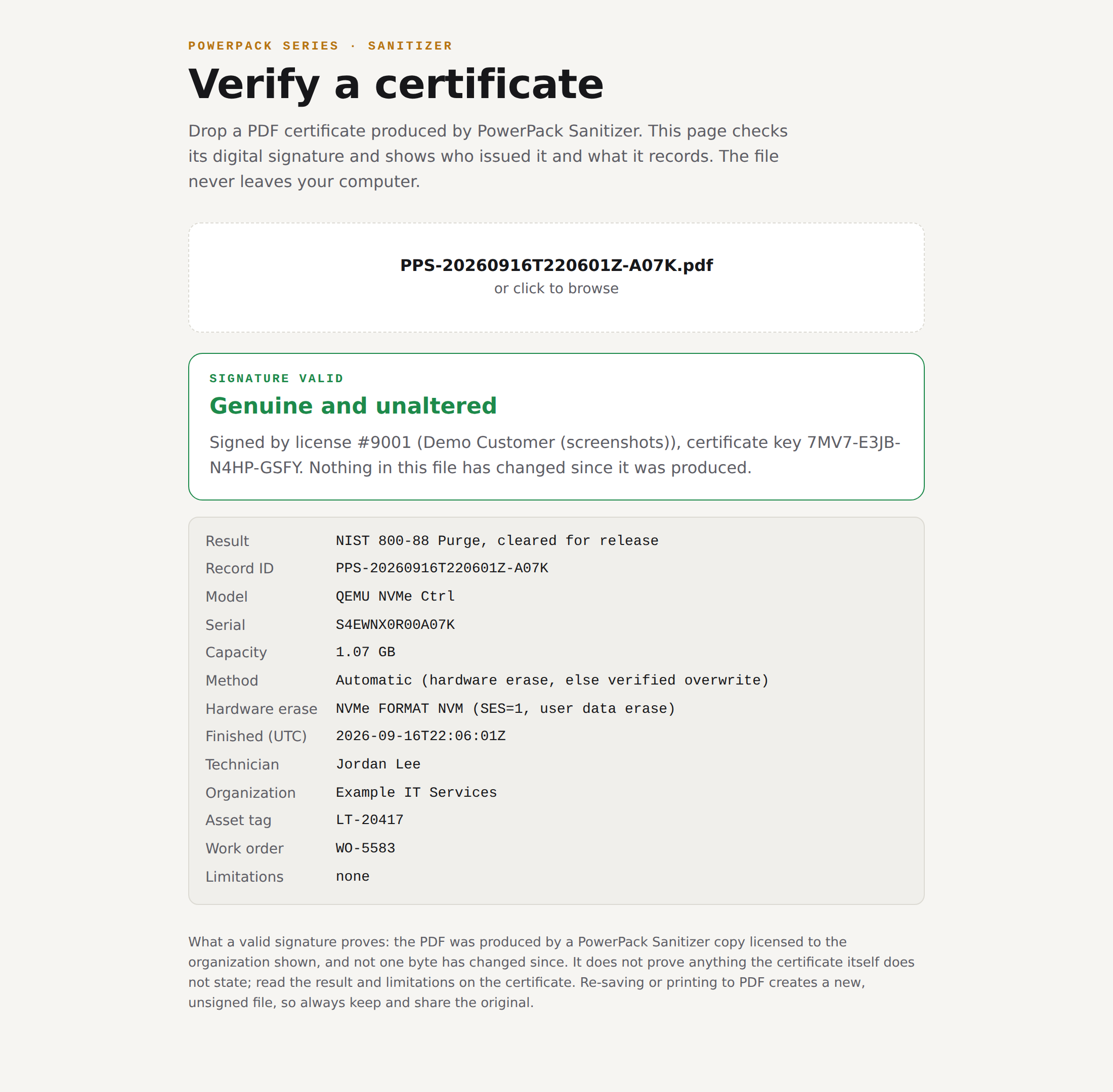 The Verify page: valid and unaltered.